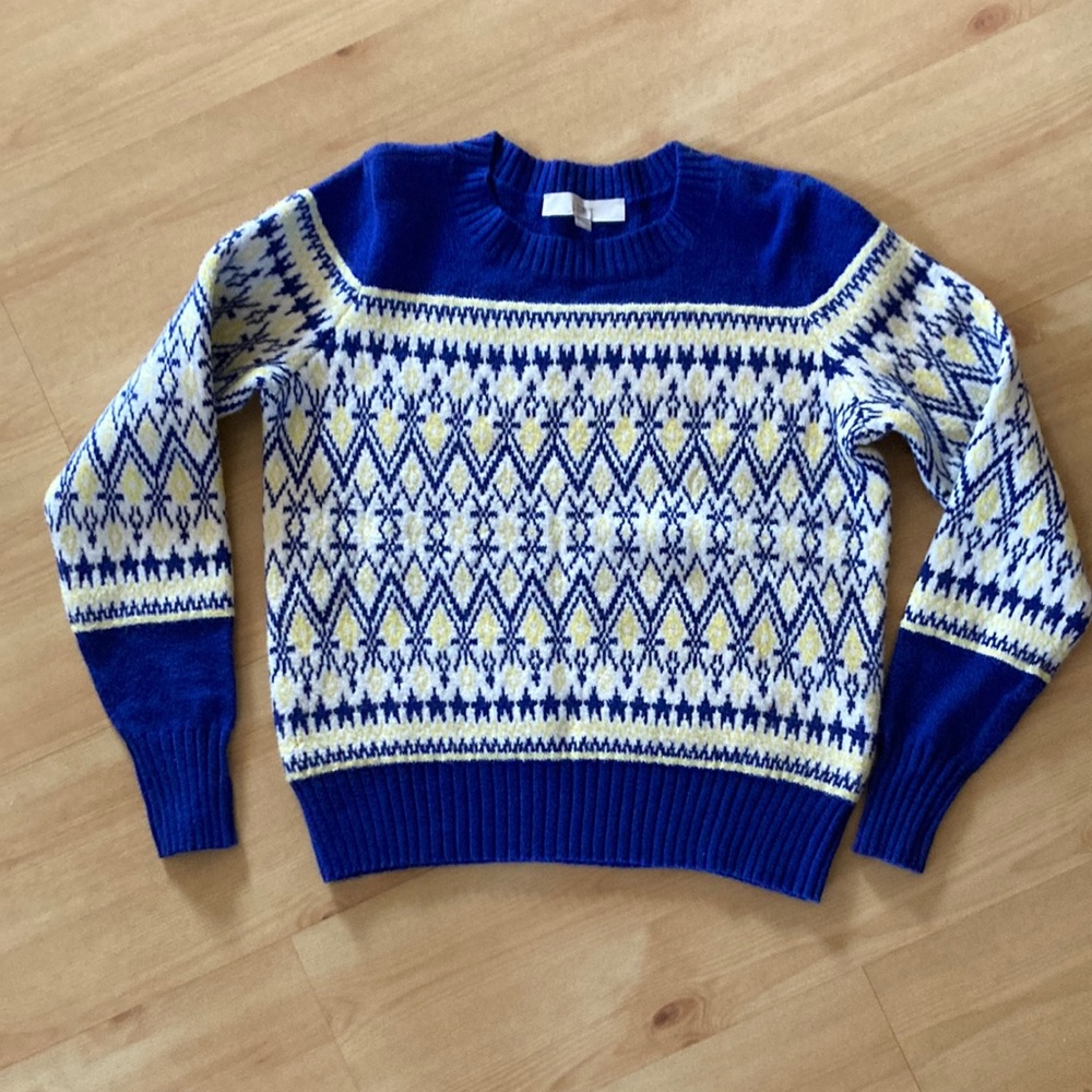 Loft Blue White Yellow Fair Isle Geo Nordic Mock Sweater Size Small